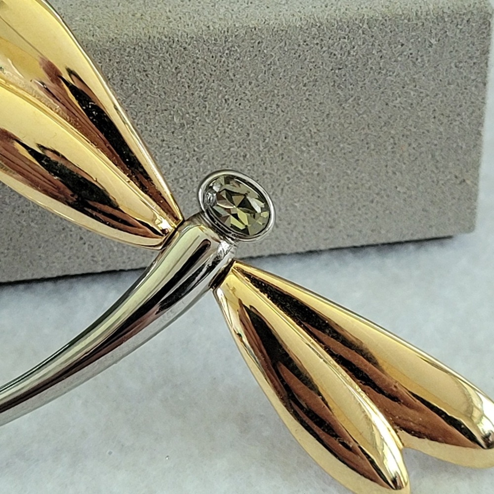Liz Claiborne Dragonfly Brooch Gold Silver Tone Rhinestone Modernist Pin